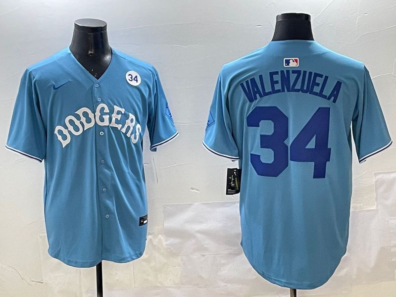 Men Los Angeles Dodgers 34 Valenzuela Light Blue Joint Name 2025 Nike MLB Jersey style 31618